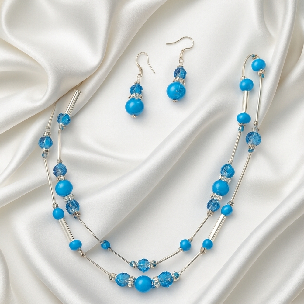 💙 Elegant Blue Beaded Necklace & Earrings Set – Silver-Tone Accents – Jewelry